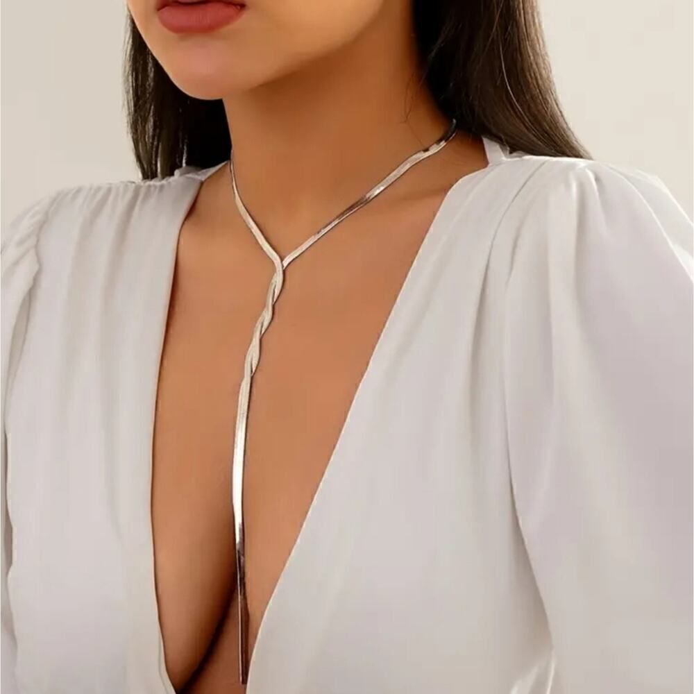 Silver, Gold or Multicolor Long Twisted Y-Shaped Chain Flat Snake Necklace - Picture 3 of 9